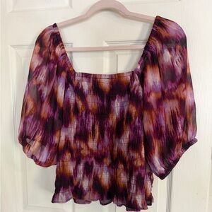 Old Navy Purple and Brown Tie-Dye Square Neck Puff Sleeve Top